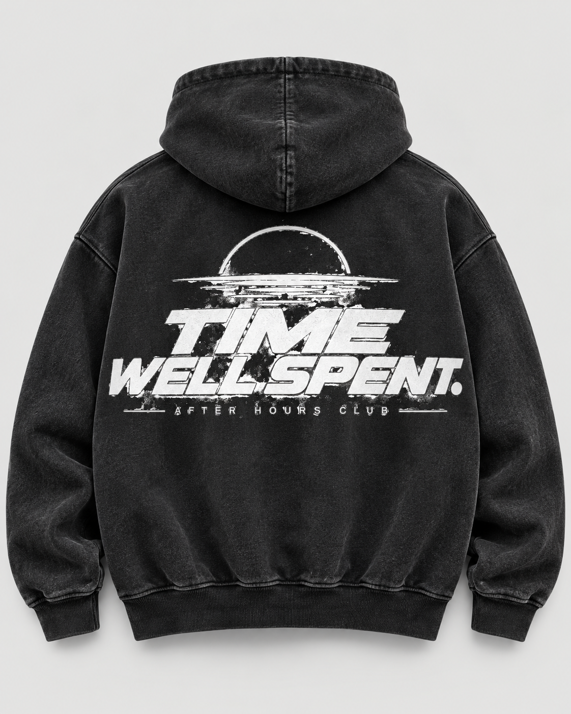 Washed Black Hoodie mit großem Time well spent. Rückenprint